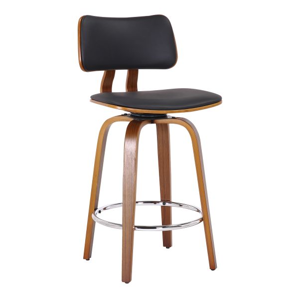 Zuni 26″ Counter Stool With Swivel In Black Faux Leather and Walnut