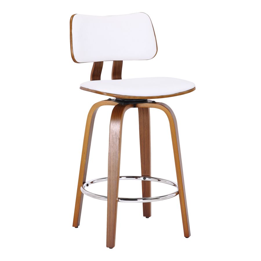 Zuni 26″ Counter Stool with Swivel In White Faux Leather and Walnut