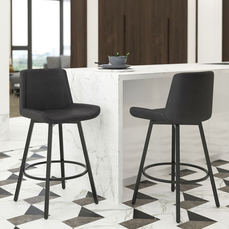 Fern 26″ Counter Stool, set of 2, with Swivel in Vintage Charcoal Faux Leather and Black